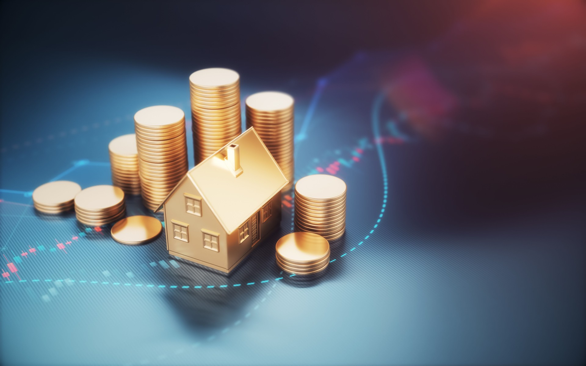 Miniature Golden Roofed House with Metal Coins on Finance Background