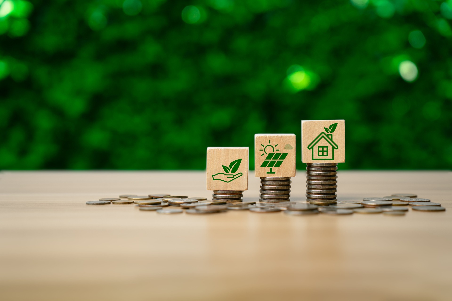 Sustainable finance concept with wooden blocks showing eco symbols on coin stacks, representing investment in green energy, environmental responsibility, renewable housing, ethical financial growth